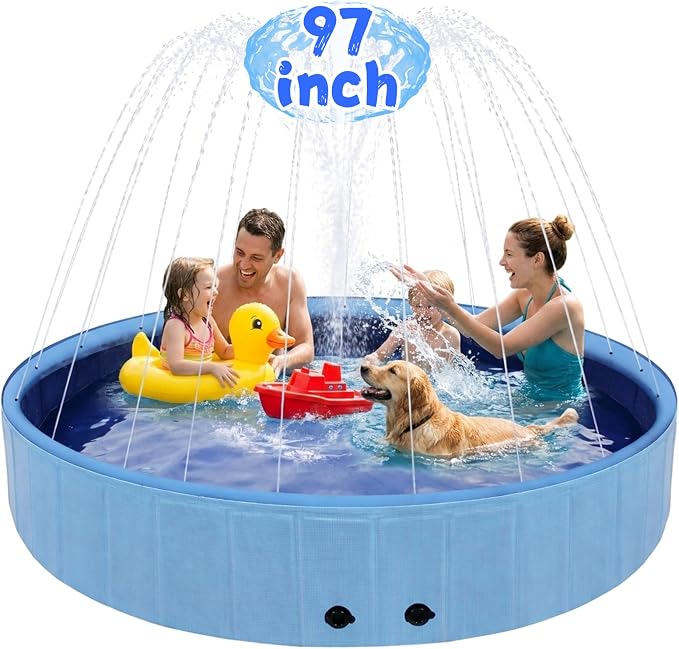 Eooqi Foldable Dog Pool with Sprinkler, Extra Large Thickened Splash Pool | 2-in-1 Outdoor Summer Water Play Toy, Non-Slip Hard-Side Kiddie Pool for Backyard Dogs, Kids & Pets (Blue, 97"-6XL)