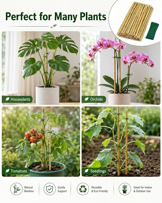 20 Pcs 16 inch Bamboo Garden Stakes with Ties Natural Bamboo Plant Stakes for Tomatoes (20pcs-16inch)