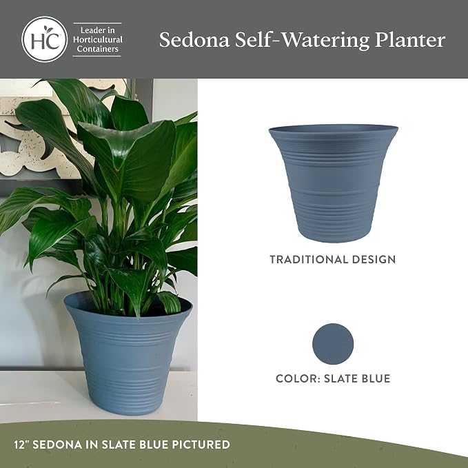 The HC Companies 9 Inch Sedona Round Self Watering Planter Pots, Lightweight UV-Resistant Plastic Indoor & Outdoor Planters, 4-Pack Flower Pots for Garden & Home Decor, Slate Blue