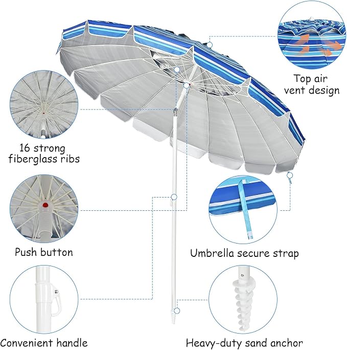Tangkula 8FT Navy Blue Beach Umbrella, Portable with Sand Anchor, Fade Resistant Canopy, Sturdy Fiberglass Ribs, Outdoor Sunshade Umbrella