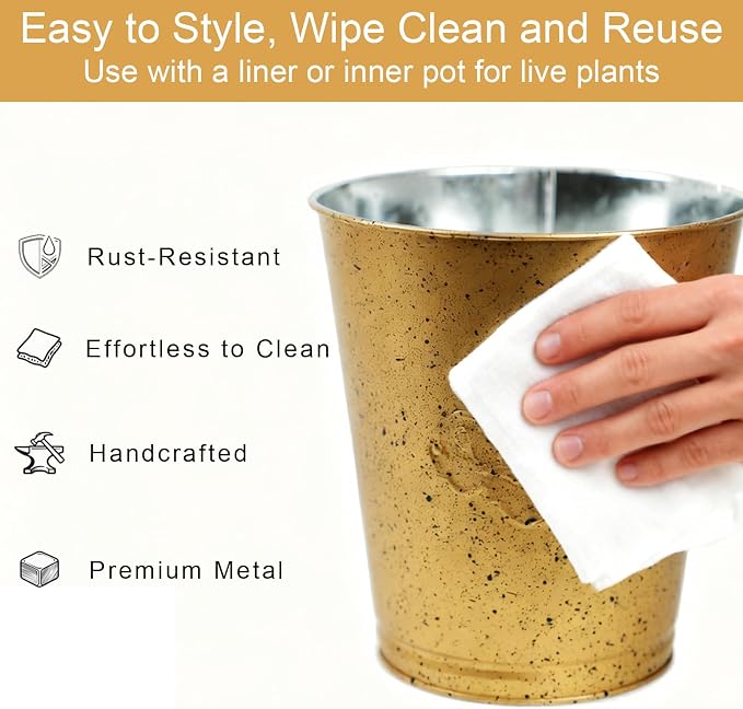 3 Pack Gold Metal Buckets, 6.5" x 6.6" Galvanized Decorative Pails for Floral Arrangements, Plant Pot Covers, Party Favors, Wedding Table Decor and Small Storage