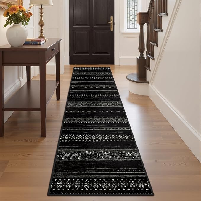 2x8 Washable Area Rugs for Living Room Boho Runner Rug Black/White | Vacuum Friendly, Machine Washable, Non-Slip Rug, Stain Resistant, Moroccan Geometric, Low Pile Carpet, Hallway Kitchen