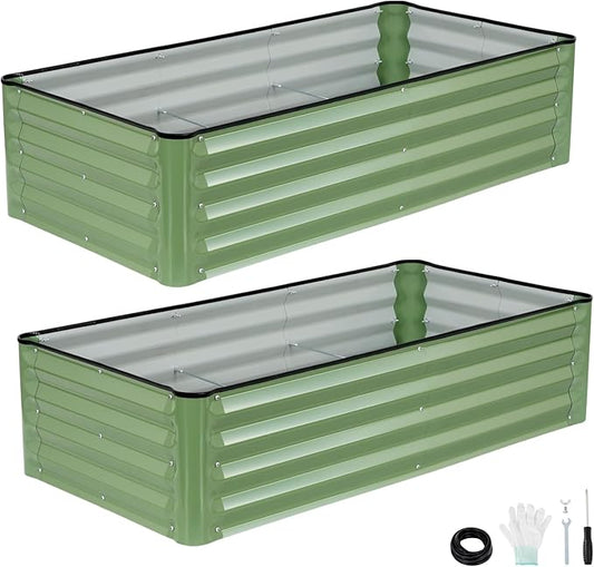 2 Pack 4x2x1 Ft Galvanized Raised Garden Bed, Green | Patented Leak-Proof, Metal Planter Box, Outdoor Kits, For Veggies, Herbs & Flowers