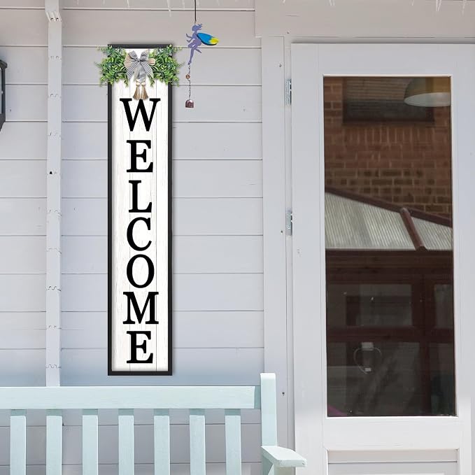 Welcome Sign for Front Porch Standing 45"X9" Large Vertical Farmhouse Outside Front Door Sign Leaner Tall Vintage Outdoor Wreath Patio Garden Wood Framed Decorations (Black)