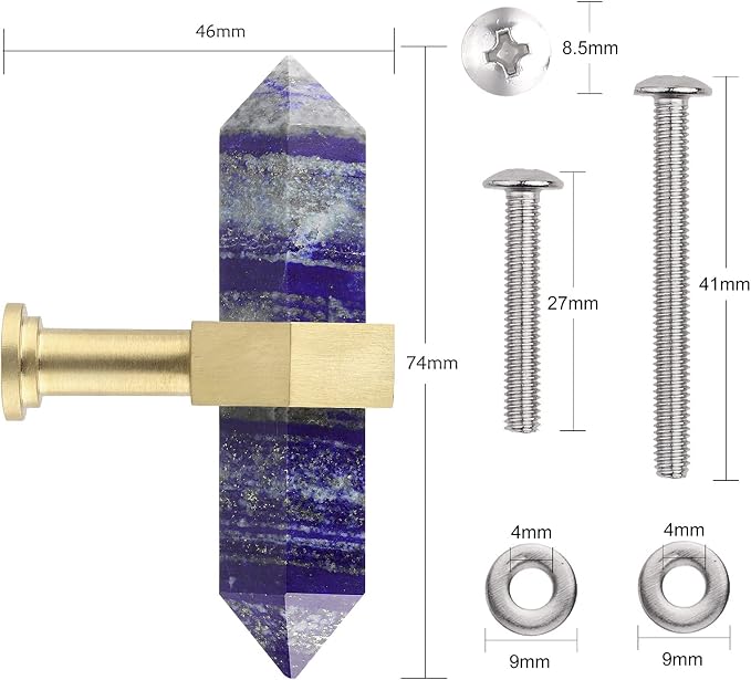 mookaitedecor Set of 2 Lapis Lazuli Double Crystal Points Drawer Knobs with Screws, Decorative Stone Cabinet Handle Pulls for Dresser Cupboard Kitchen Decor, Brushed Brass
