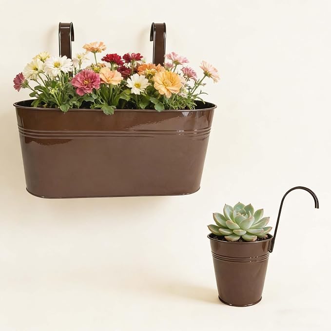 Set of 8 Outdoor Metal Railing Planters Box - 4 Pcs 5.12" Round Balcony Hanging Planter & 4 Pcs 17" Oval Fence Pot with Detachable Hooks Drainage, Chocolate