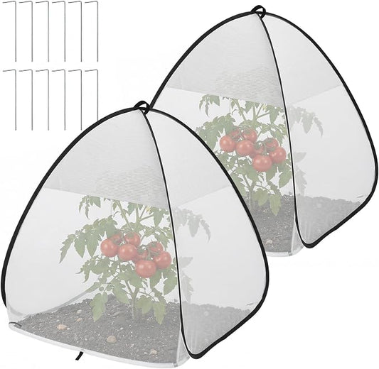 2 Pcs Pop Up Garden Netting Bug and Shade Covers, 30" x 28" x 28" Plant Sun Shade Top Bird Netting Tents, Insect Barrier Sun Protection Plant Cover Tent for Outdoor Plants Vegetables Fruits (White)