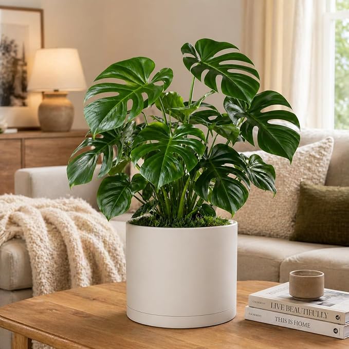 Giraffe Creation 10 Inch Cylinder Plant Pot, Modern Round Planter with Drainage Holes and Saucer, Lightweight Plastic Flower Pot for Indoor Outdoor Plants, White
