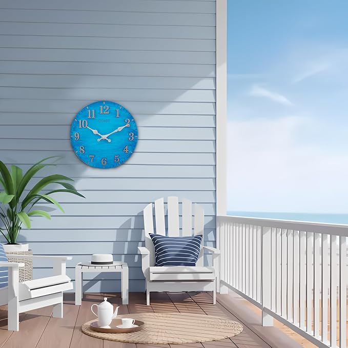 OCEST 12 Inch Indoor Outdoor Clock, Waterproof Resin Outdoor Wall Clock, Silent Non-Ticking Battery Operated Decor for Garden Pool Patio (Blue)