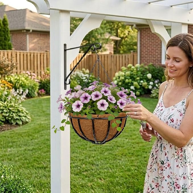12 Inch Metal Hanging Basket with Coco Coir Liner for Flowers Planting, 2 Pack Hanging Baskets for Plants Outdoor, Round Wire Twisted Planters with Chain for Home Patio Porch Balcony Garden Decor