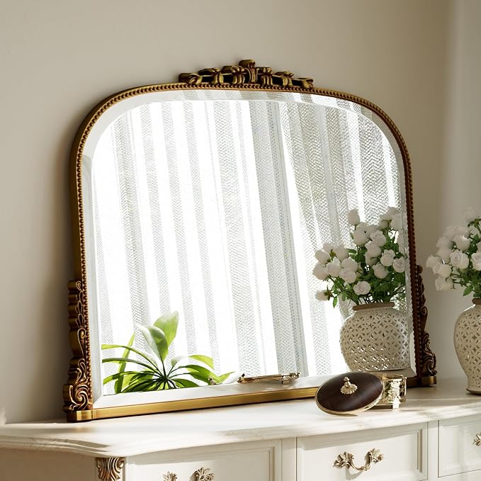 Wall Beaded Mirror, 36 x 27 Inch Round Top Right Angle Wall Mirror, Tempered Glass, Rust Resistant, Horizontally or Vertically Hanging, Gold | Bathroom Vanity Makeup Mirror, as Wall Decor Hanging Leaning for Fireplace Mantle, Living Room, Bedroom, Vani...