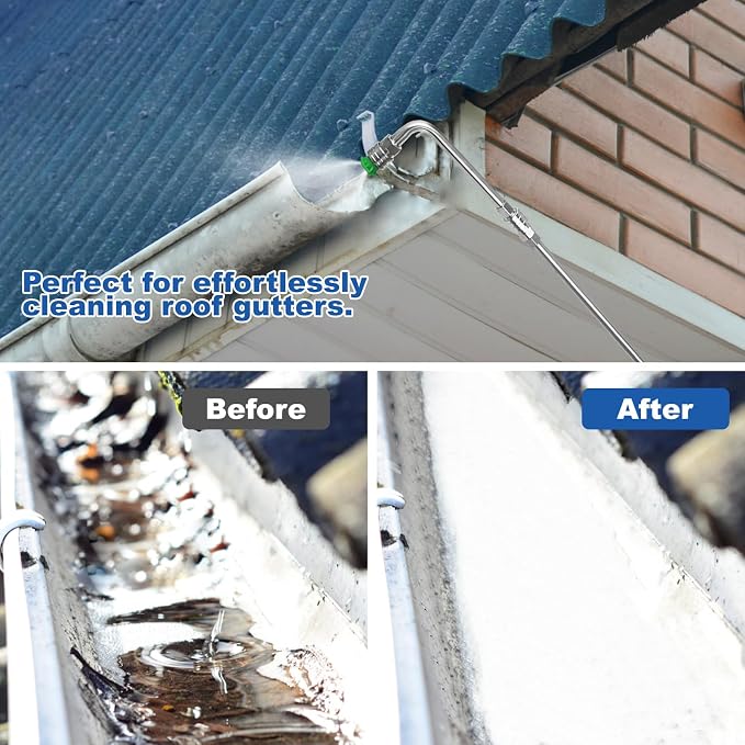 DUSICHIN Pressure Washer Extension Wand Gutter Cleaning 8 FT Garden Hose Adapter, Upgarded Soft Handle 6 Nozzle Tips 3 Curved Rod for Gutter, 1/4" M22-14mm Fitting 3/4" GHT Connector DUS2612