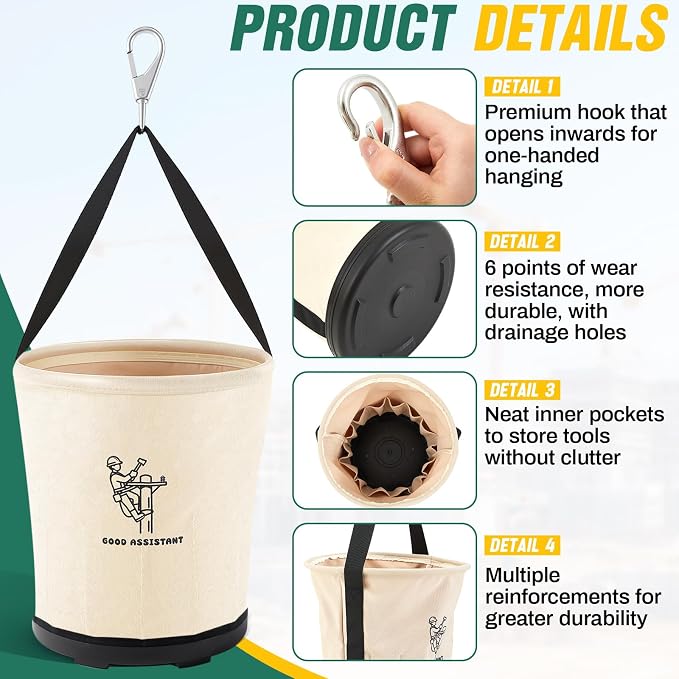 Heavy Duty Tool Canvas Bucket 12 x 12 x 9'' Tapered Wall Bucket Bag with 14 Inner Pockets, Thickened 14 Ounce Canvas, Plastic Bottom High Weight Load Capacity up to 100 Lbs (Printed)