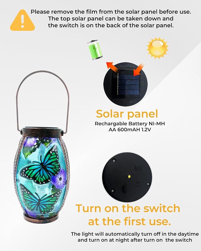 Butterfly Solar Lanterns Glass & Metal Hanging Solar Lantern Outdoor Waterproof 13.8" H Tabletop Light for Garden Patio Table Decor Mother's Day Gift