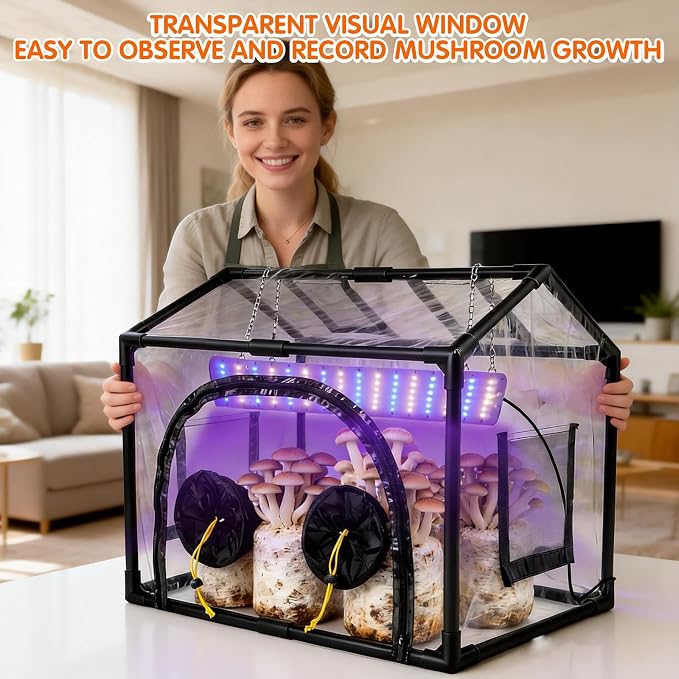 Mushroom Grow Tent Still Air Box for Mycology Mushroom Grow Bags, Clean Air Workstation with Blue White Growing Light, 2 Spray Bottle, Waterproof Mat for Grow Bags, Growers, Home Scientists