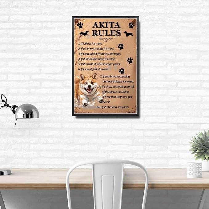 Metal Sign Tin Sign Vintage Wall Art Akita Rules Wall Art for Restaurant 6×8 Inches with Metal Frame