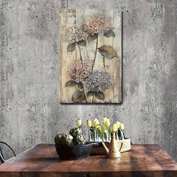 Metal Sign Tin Sign Vintage Wall Art Shabby Chic Hydrangea Tin Sign for Opulent Nature Art Vintage Wall Displays and Distressed Wood P Bathroom Signs for Home for Club 12×16 Inches