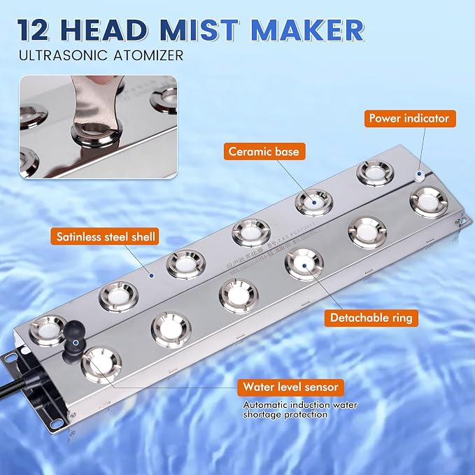Ultrasonic Mist Maker 12 Heads, 9000mL/H Pond Fogger with 400W Power Supply Buoy Replacement Discs for Pond, Garden, Rockery, Greenhouse,Mushroom Halloween Decoration (12 Heads)