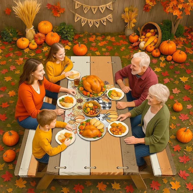 Fall Picnic Table Cover with Bench Covers, Outdoor Camping Essentials 6FT 3PCS Fitted Rectangle RV Must Haves Tablecloth with Drawstring Bag