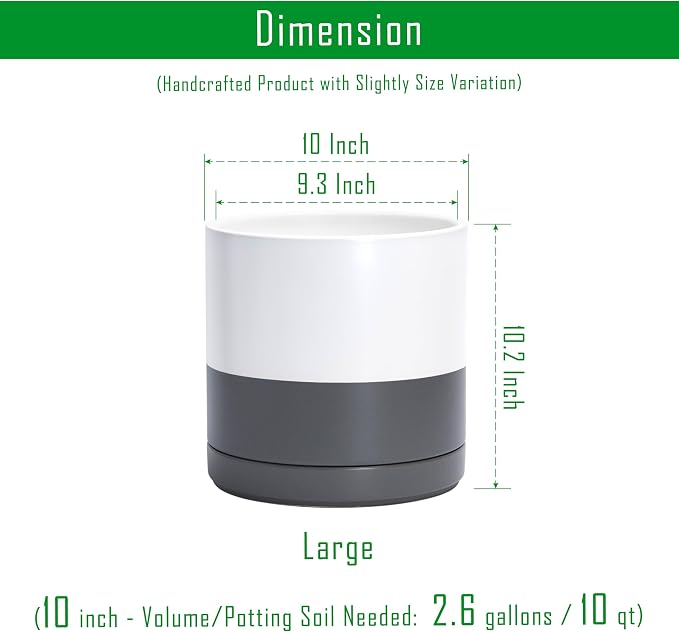 D'vine Dev Set of 2 Plants Pots, 10 Inch Ceramic Planter Pot for Plants with Drainage Hole and Saucer, White/Speckled Grey, 94-V-E-6
