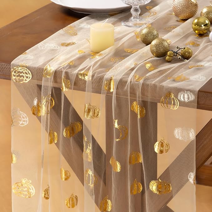 Socomi Gold Table Runner Fall Pumpkin Gauze Sheer Chiffon Cheesecloth Sequin 10FT Glitter Metallic Foil Dining Wedding Birthday Party Baby Shower Holiday Centerpiece Table Decor 3pcs Beige