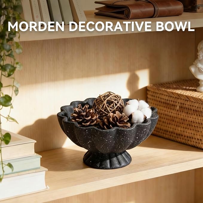 Pedestal Decorative Bowl Home Decor - 7.9" Morden Resin Handmade Decorative Fruit Bowl for Kitchen Counter, Chic Ruffle Bowl Centerpiece Decor for Dining Table Coffee Table (Starry Black)