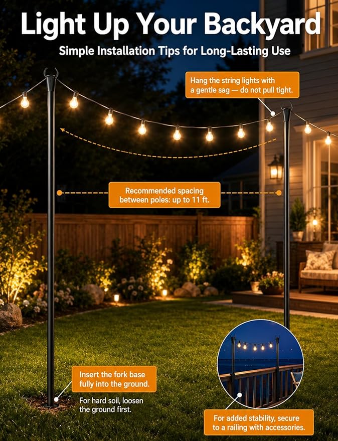 4 Pack String Light Poles for Outside, Thickened Metal Christmas Lights Hanger Pole Outdoor with Fork, Lighting Hanging Post Accessories for Patio Decor Garden Backyard Yard Outside Decorations