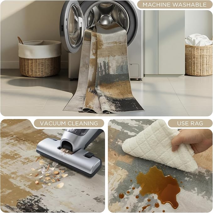 Joydeco 5x7 Area Rugs for Living Room, Non-Slip Modern Abstract Soft Washable Rug, Low Pile Carpet for Bedroom, Dining Room, Home Office, Pet & Child Friendly, White &Beige & Dark Gray