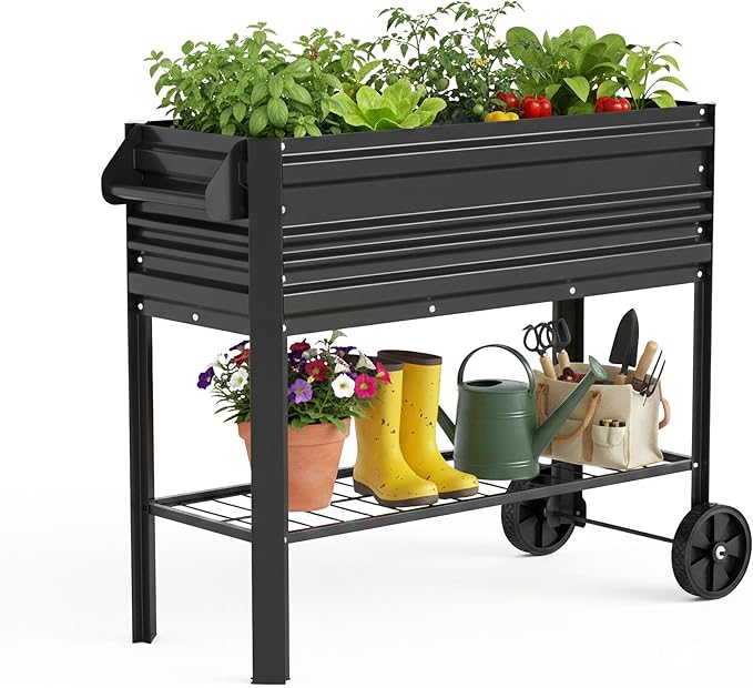 WORKPRO Galvanized Raised Garden Bed with Legs & Wheels, 37x14.6x31.6in, 400LB Capacity Elevated Planter Box for Garden, Backyard, Patio & Deck, Black