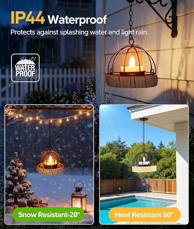 KOOPER Hanging Solar Lanterns Outdoor Waterproof, 4 Pack Flickering Solar Powered Tea Lights, Rust Iron Ball Candle Holder Hanging Solar Lights for Backyard Garden Patio Yard Fence Tree Decoration
