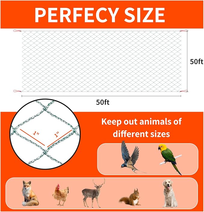 Bird Netting 50'x50' with 1" Square Mesh Garden Netting for Chicken Coop, Aviary, Deer Fence, Fruit Tree