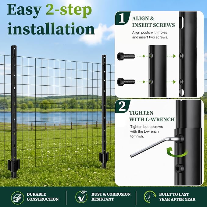 10 Pack Metal Garden Fence Posts 6 FT Black – Heavy Duty U-Post for Wire Fencing, No-Dig Fence Stakes for Temporary Fencing, Corner Anchor Posts, Rustproof Powder-Coated Steel for Farm, Yard & Garden