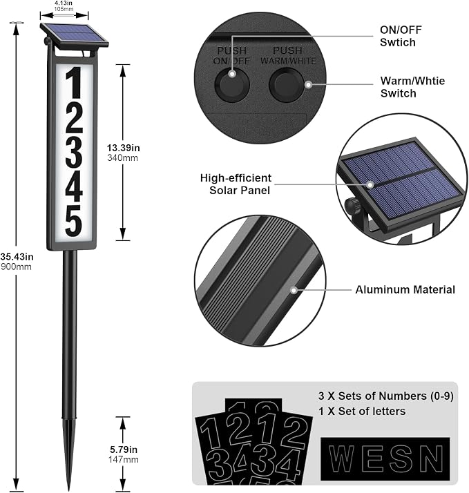 Eyrosa Solar Illuminated LED Lighted Address Sign, House Numbers for Outside Yard Home, Numbers Plaque Outdoor Waterproof, Black