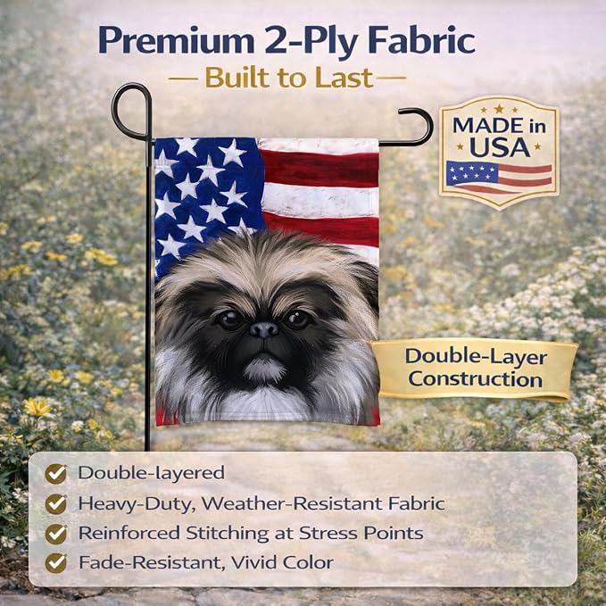 Caroline's Treasures CK6488GF Chinese Imperial Dog American Flag Garden Flag Mailbox Flag Decorative Yard Flag Banner Outside Patio Artwork Yard Flower Beds, Garden Size, Multicolor