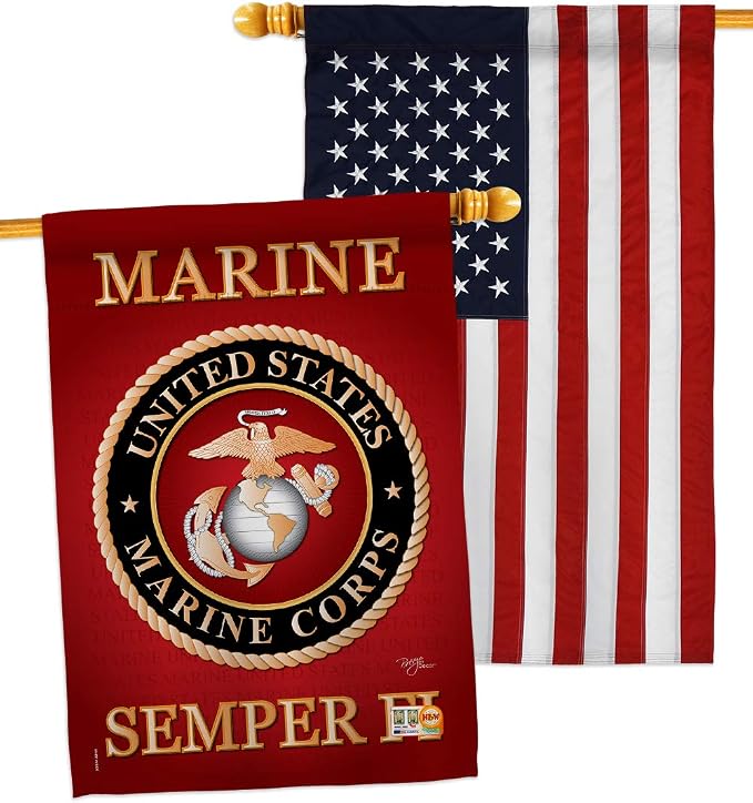 Marine Corps House Flag - Pack Armed Forces USMC Semper Fi United State American Military Veteran Retire Official USA Embroidery - Banner Small Garden Yard Gift Double-Sided Made in 28 X 40