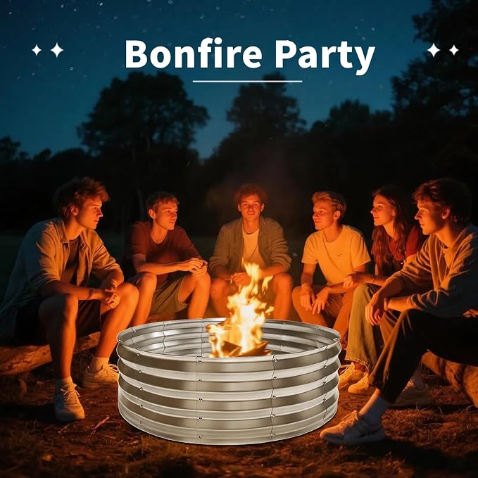 36 Inch Round Fire Pit Ring, Heavy-Duty Galvanized Steel Fire Ring for Outdoor Bonfires, Backyard & Camping, Rust-Resistant & Easy Assembly (3×3×1 FT)