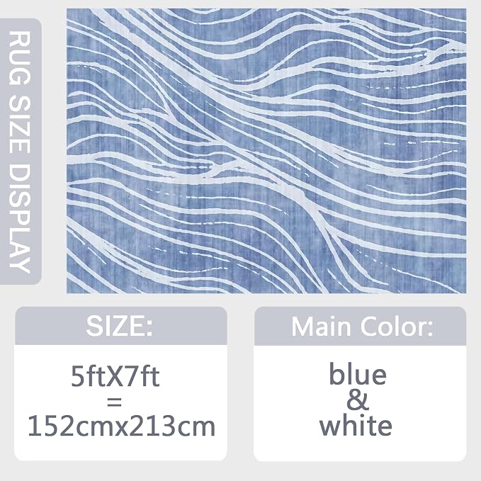 Washable Area Rug 5x7, Large Soft Rugs for Living Room Blue Waves Carpet 5x7 Area Rugs for Bedroom Dining Room Non-Slip Stain Resistant Under Table Rug
