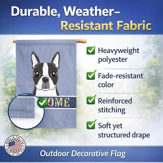 Caroline's Treasures BB1389CHF Boston Terrier Welcome House Flag, Blue Large Porch Sleeve Pole Decorative Outside Yard Banner Artwork Wall Hanging, Polyester, House Size, Multicolor