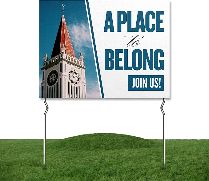 A Place to Belong - Join Us! Yard Sign by DC | 24"x18" Double Sided Church Garden Sign with 13” Metal Stakes | Outdoor Signs Waterproof for Lawn, Patio, Sidewalk & House | Set of 5 | Made in USA