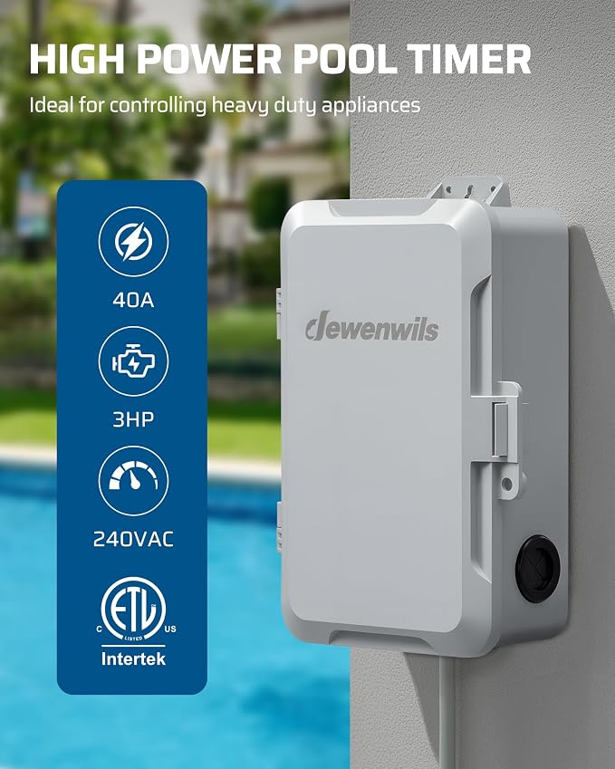 DEWENWILS Pool Pump Timer, Outdoor Digital Timer Box, 3HP 40A 240VAC, 7-Day 12 ON/Off Programmable Timer Switch for Pool Pump, Water Heater, Pool Filter, Landscape Lights, ETL Listed