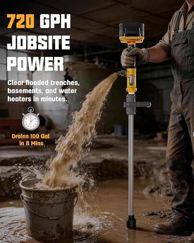 Cordless Stick Water Transfer Pump Compatible with DeWalt 20V Max Battery (Tool Only), 720 GPH Portable Electric Utility Pump with 32FT Lift, Brushless Sump Pump for Pool, Garden, Pond, RV and Boat