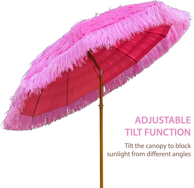 AMMSUN 7.5ft Hula Thatched Tiki Patio Beach Umbrella Hawaiian Style 10 Ribs UPF 50+ with Tilt Carry Bag for Outdoor Tiki Bar, Tropical Palapa, Patio Garden Beach Pool Backyard Pink