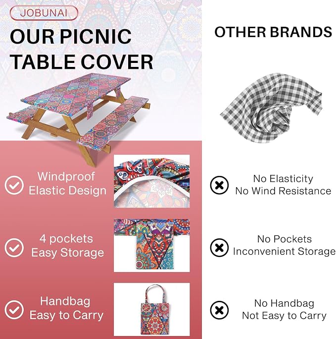 Jobunai Picnic Table Cover with Bench Covers Fitted Wrinkle Free Camping Table Cloths Hiking Glamping Supplies Travel Trailers Cooking Essential Holiday Festival Decor Gifts for Adult Who Want Nothing