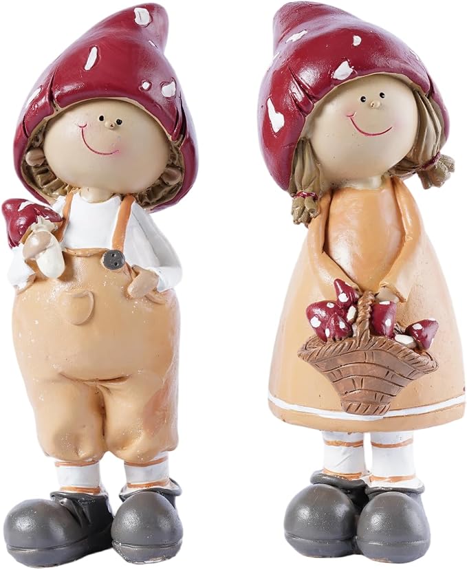 2-Piece Mushroom Decor Fairy Garden Accessories Outdoor Resin Cute Boy and Girl Figurines Whimsical Garden Statues Miniature Fairy Garden Supplies for Patio Yard Lawn Home