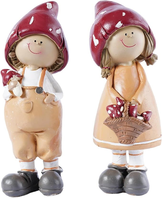 2-Piece Mushroom Decor Fairy Garden Accessories Outdoor Resin Cute Boy and Girl Figurines Whimsical Garden Statues Miniature Fairy Garden Supplies for Patio Yard Lawn Home