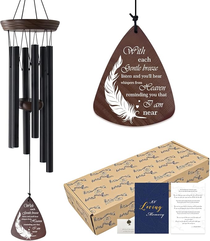 ASTARIN Memorial Wind Chimes for Outside, Sympathy Gift for Loss of Loved One, Black Aluminum Wind Chime with Pine Wood and Double-Sided Printed Wind Catcher