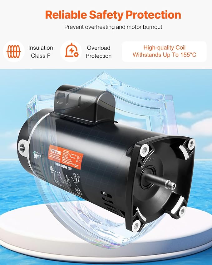 VEVOR 2 HP Pool Pump Motor, 3450 RPM High Speed, 230V (7.8 Amps), 50μF/250V Capacitor, 1.3 SF, CCW Rotation, 56Y Square Flange Replacement Motor for Swimming Pools, Spa Centers