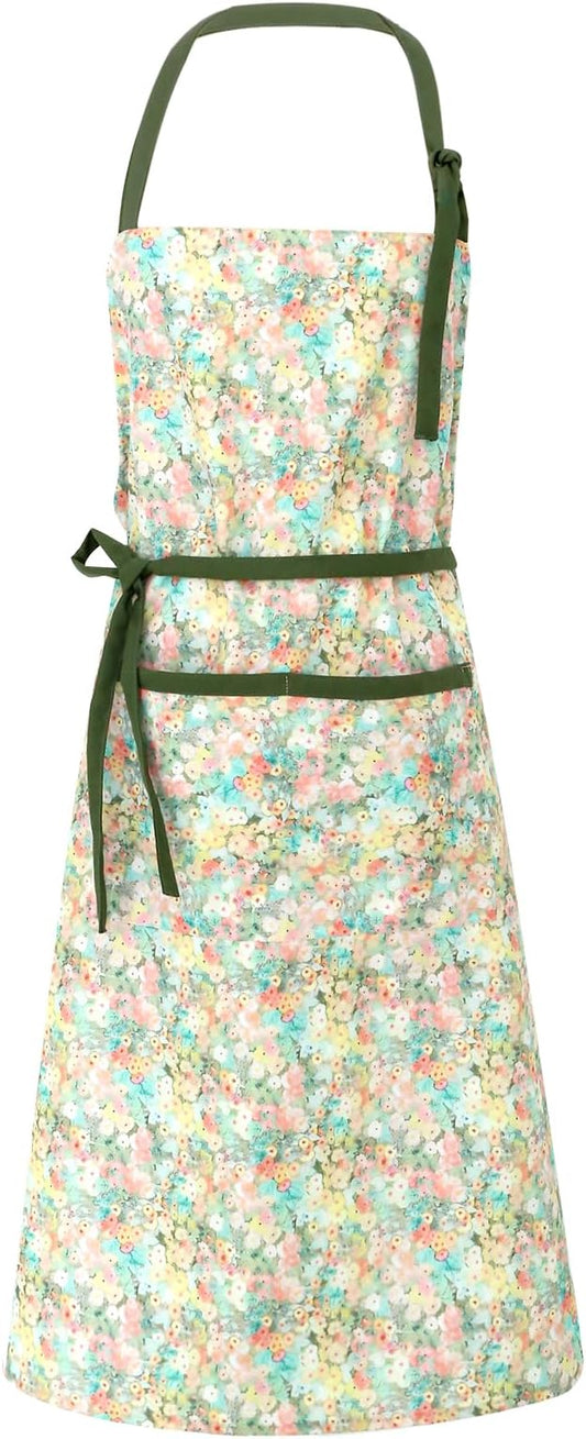Women's Vintage Floral Kitchen Apron for Cooking & Gardening | Adjustable Neck Straps & Large Pockets, Cute Pinafore for Baking Tea Time, Practical Hostess Gift(Green/Pink Flowers)
