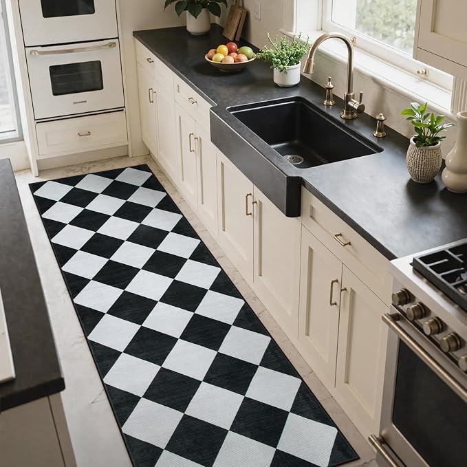 Beeiva Checkered Print Runners for Hallways 2.5x8, Ultra Thin Black Kitchen Runners Non Skid Washable 8 ft, Modern Diamond Stain Resistant Low Pile Carpet for Bathroom Entryway Bedroom Laundry