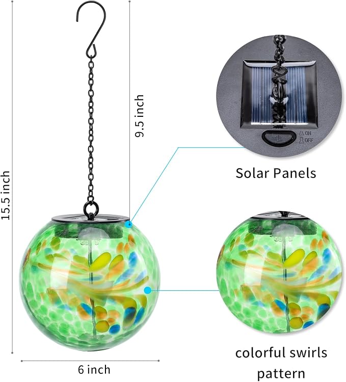 VCUTEKA Glass Solar Lanterns Outdoor Green Hanging Solar Lights for Outside | Solar Lanterns Outdoor Waterproof with Hook, Energy-Efficient LED White Glass Gazing Ball Lights for Garden, Yard Decor